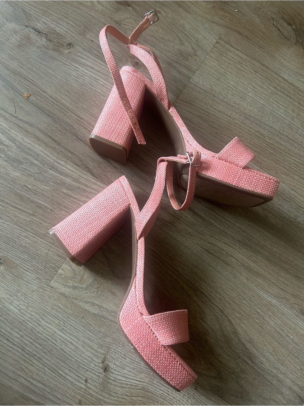 Marc Fisher Pink Textured Block Heel Ankle-Strap Sandals